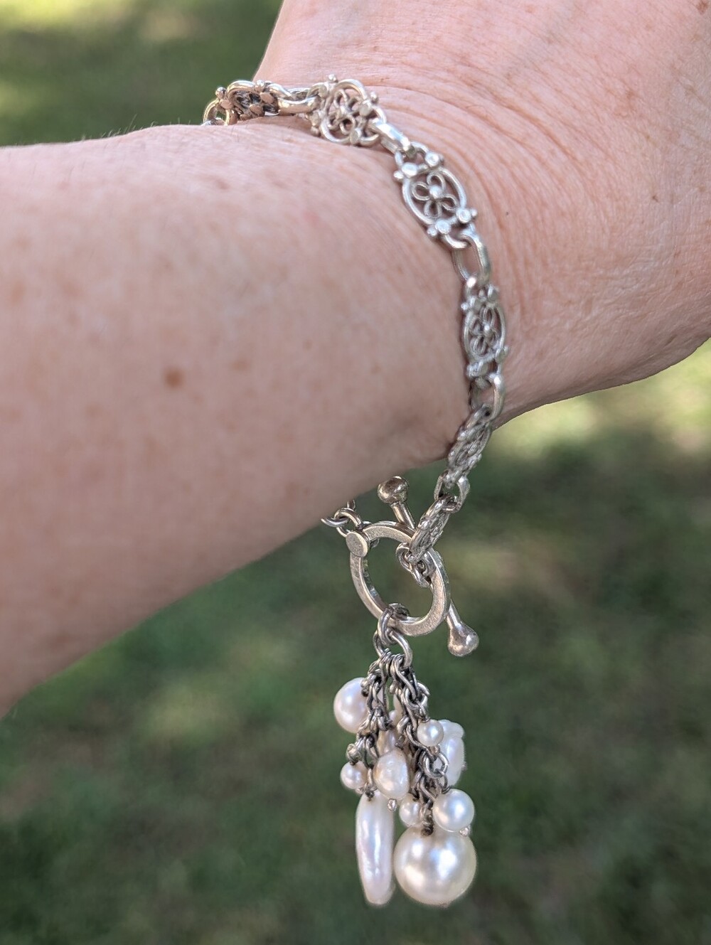 Sterling Silver Dangling Pearl Toggle Clasp Bracelet